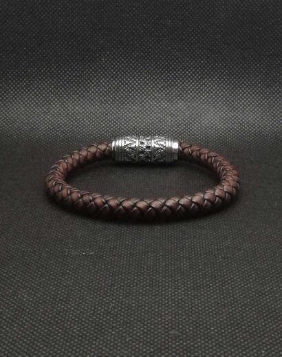 Pulseira de Couro castanho trançado com fecho Viking de Aço inoxidável