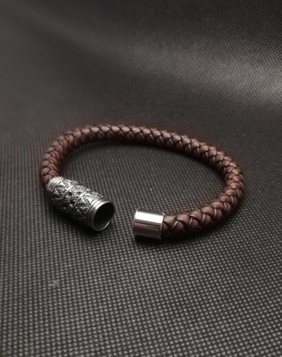Pulseira de Couro castanho trançado com fecho Viking de Aço inoxidável