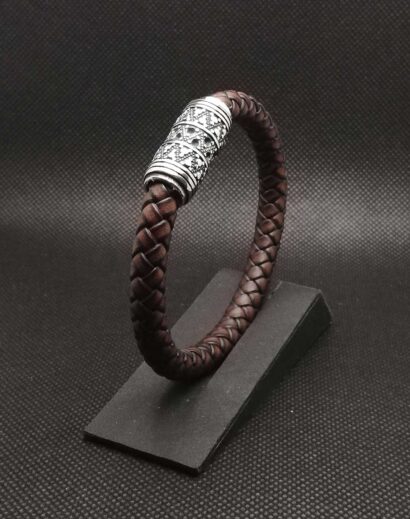 Pulseira de Couro castanho trançado com fecho Viking de Aço inoxidável