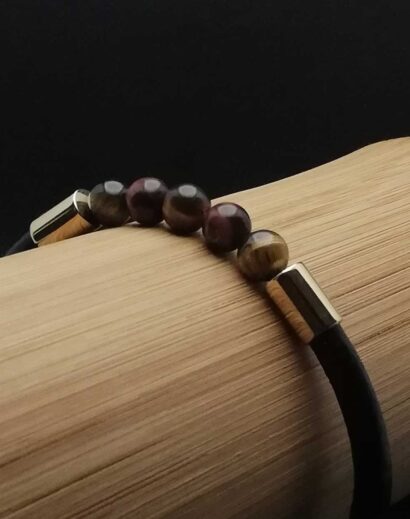 Pulseira de Couro preto com contas de pedra Olho de Tigre