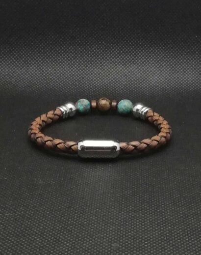 Pulseira de Couro trançado com pedra Obsidiana verde e Bronzita