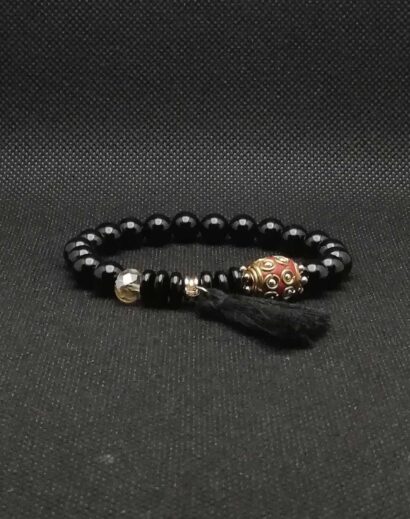 BEA011-01 Pulseira de Ágata negra com conta artesanal nepalesa