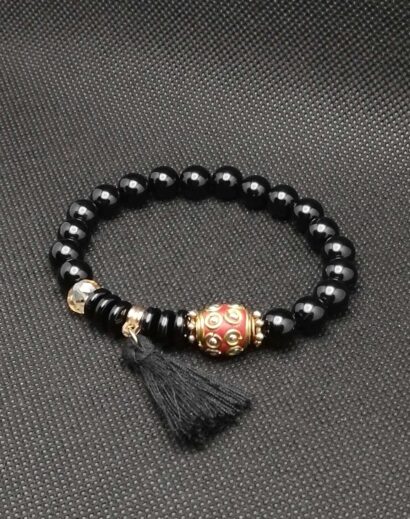 BEA011-02 Pulseira de Ágata negra com conta artesanal nepalesa
