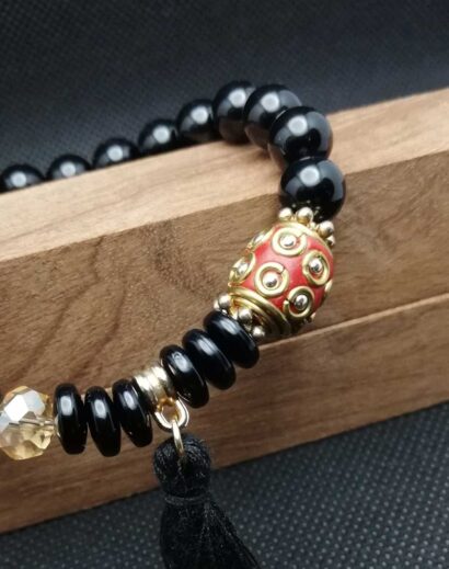 BEA011-03 Pulseira de Ágata negra com conta artesanal nepalesa