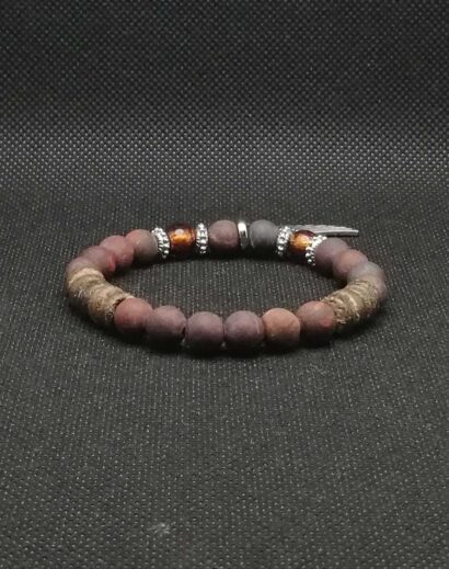 Pulseira de pedra Jaspe vermelha, vidro e espaçadores de madeira