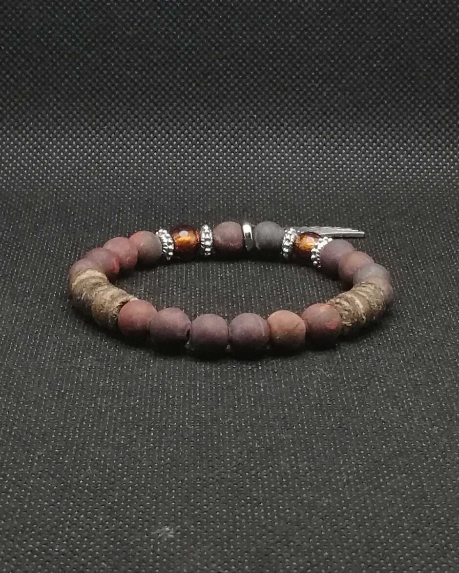 Pulseira de pedra Jaspe vermelha, vidro e espaçadores de madeira