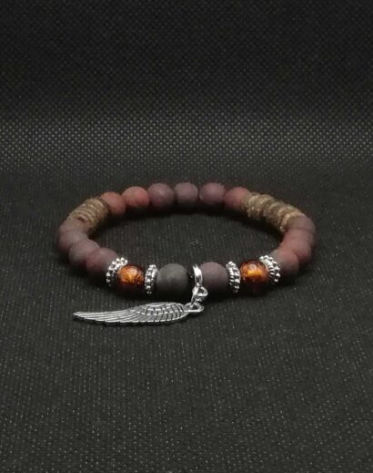 Pulseira de pedra Jaspe vermelha, vidro e espaçadores de madeira