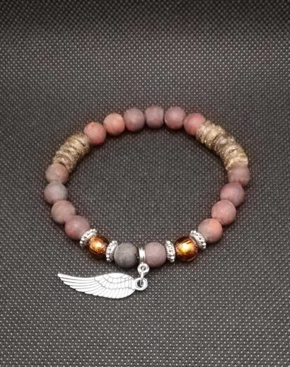 Pulseira de pedra Jaspe vermelha, vidro e espaçadores de madeira