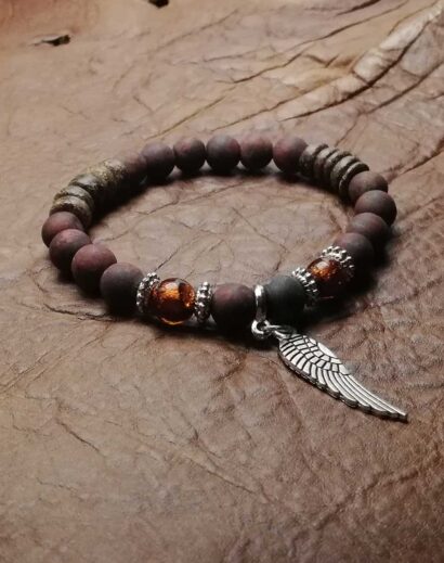 Pulseira de pedra Jaspe vermelha, vidro e espaçadores de madeira