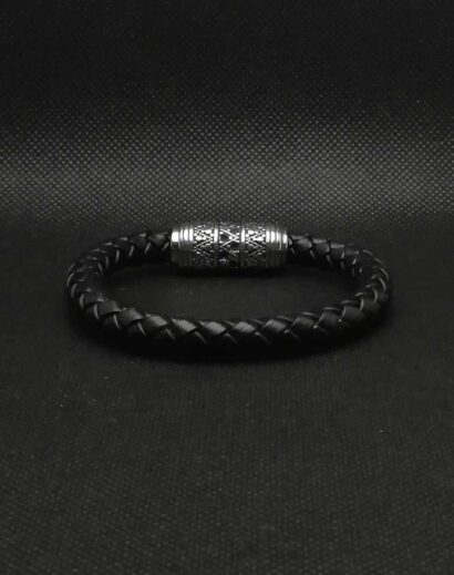 Pulseira de Couro preto trançado com fecho Viking de Aço inoxidável