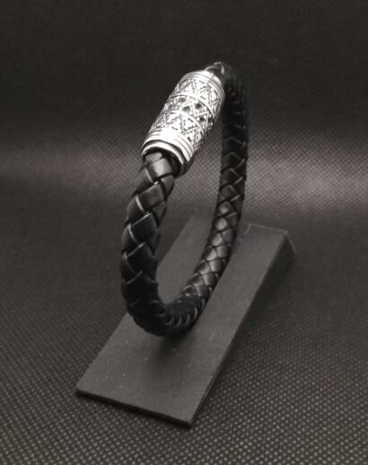 Pulseira de Couro preto trançado com fecho Viking de Aço inoxidável