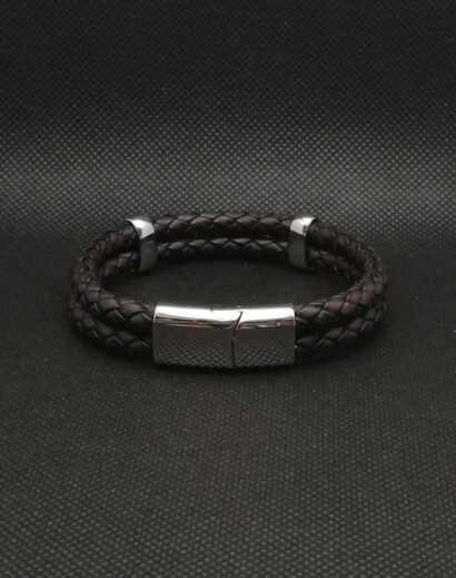 Pulseira dupla de Couro castanho trançado com espaçadores e fecho de Aço inoxidável