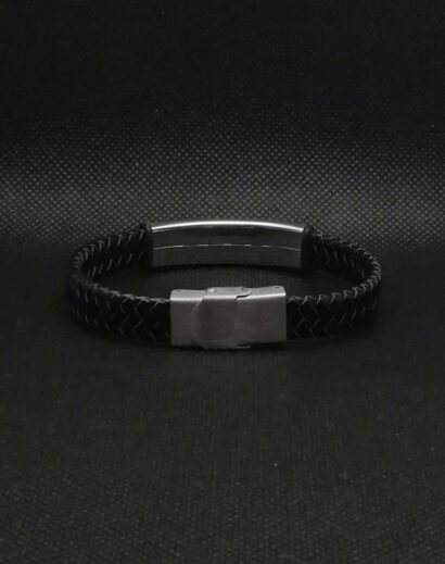 LTH012-01 Pulseira de Couro trançado plano com placa em Aço inoxidável