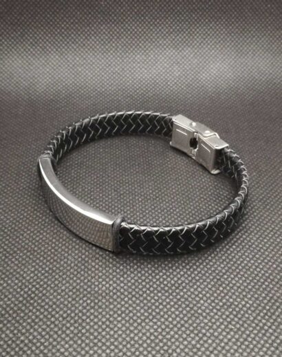 LTH012-02 Pulseira de Couro trançado plano com placa em Aço inoxidável