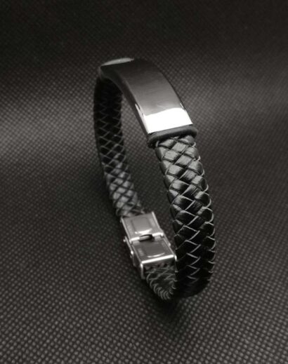 LTH012-03 Pulseira de Couro trançado plano com placa em Aço inoxidável