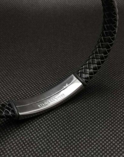 LTH012-04 Pulseira de Couro trançado plano com placa em Aço inoxidável