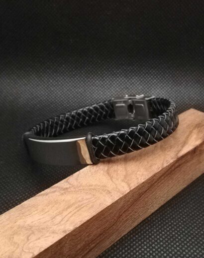 LTH012-06 Pulseira de Couro trançado plano com placa em Aço inoxidável