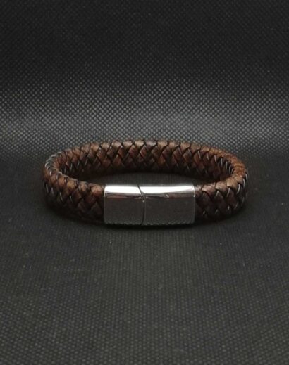 Pulseira de Couro trançado plano com fecho magnético em Aço inoxidável