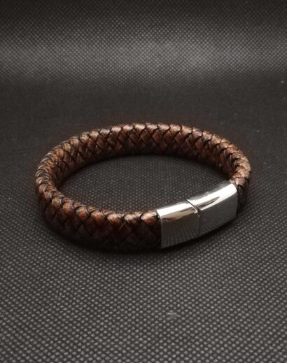 LTH014-02 Pulseira de Couro trançado plano com fecho magnético em Aço inoxidável