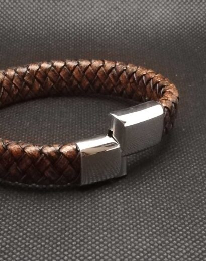 LTH014-03 Pulseira de Couro trançado plano com fecho magnético em Aço inoxidável