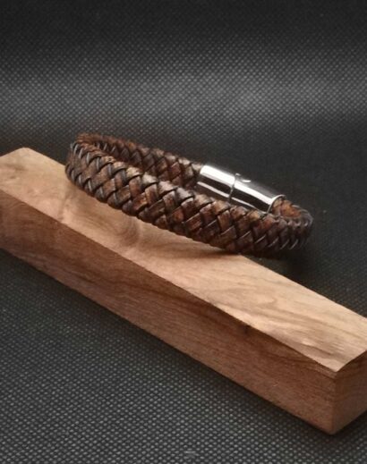 LTH014-04 Pulseira de Couro trançado plano com fecho magnético em Aço inoxidável