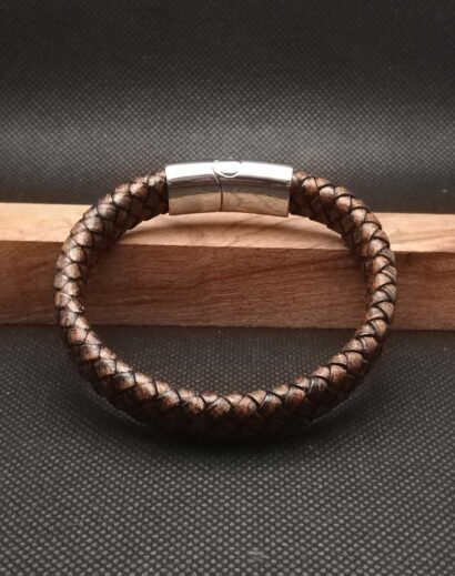 LTH014-05 Pulseira de Couro trançado plano com fecho magnético em Aço inoxidável