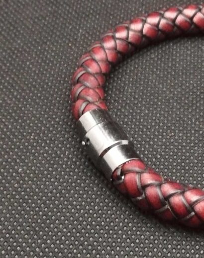 Pulseira de Couro marron trançado com fecho magnético cinza