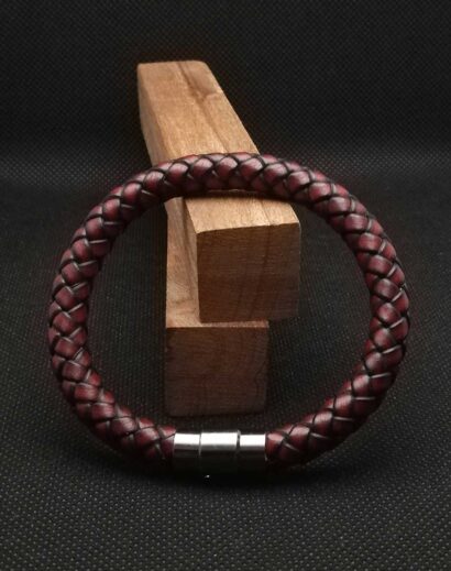 Pulseira de Couro marron trançado com fecho magnético cinza