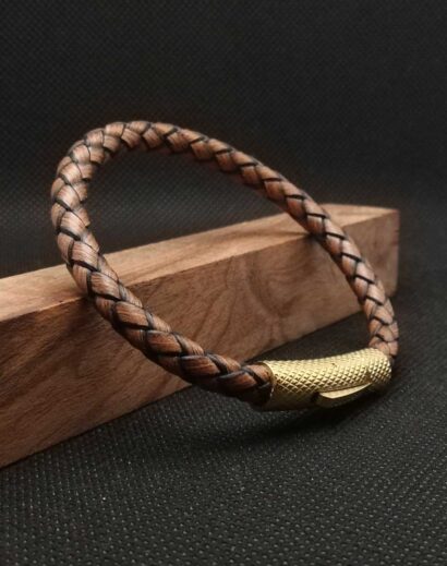 Pulseira de Couro castanho claro trançado com fecho de Aço inoxidável
