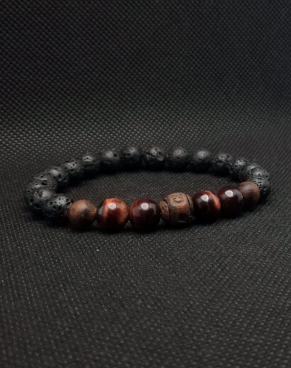 Pulseira de pedra de Lava Vulcânica, Olho de Tigre e contas de madeira