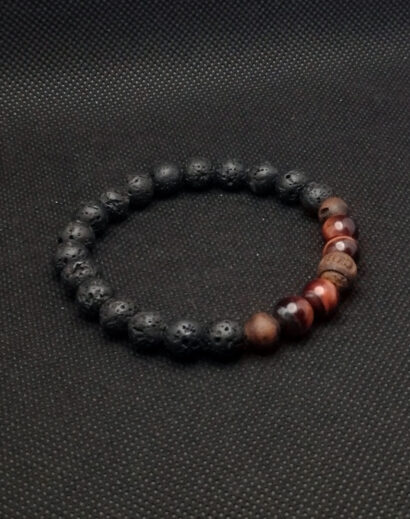 Pulseira de pedra de Lava Vulcânica, Olho de Tigre e contas de madeira