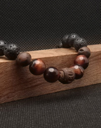Pulseira de pedra de Lava Vulcânica, Olho de Tigre e contas de madeira