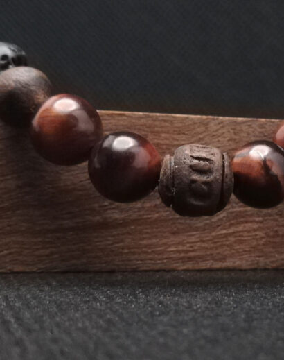 Pulseira de pedra de Lava Vulcânica, Olho de Tigre e contas de madeira