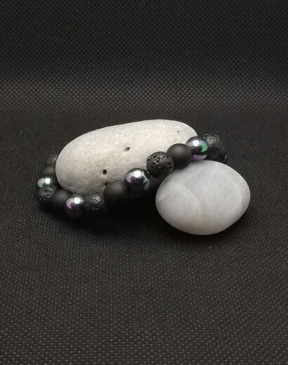 Pulseira de pedra de Lava Vulcânica, Hematite e contas de Concha