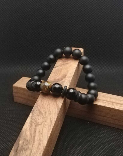 Pulseira de pedra negra mate, Obsidiana e Olho de Tigre
