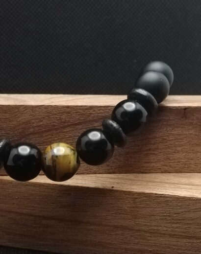 Pulseira de pedra negra mate, Obsidiana e Olho de Tigre