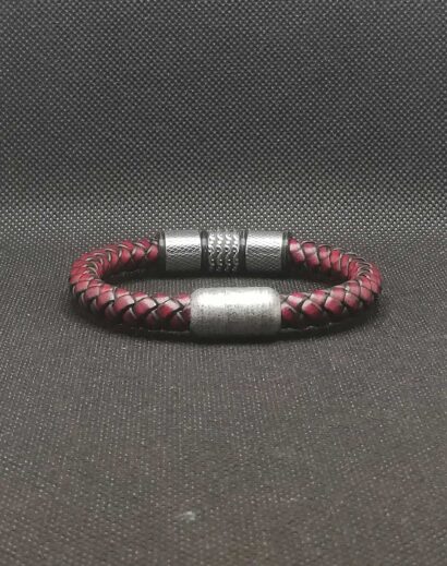 Pulseira de Couro trançado marron com 3 contas de Aço inoxidável