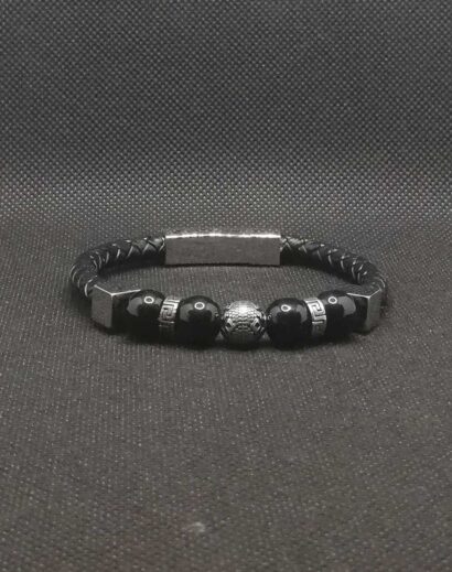 Pulseira de Couro trançado com contas de Obsidiana e Aço