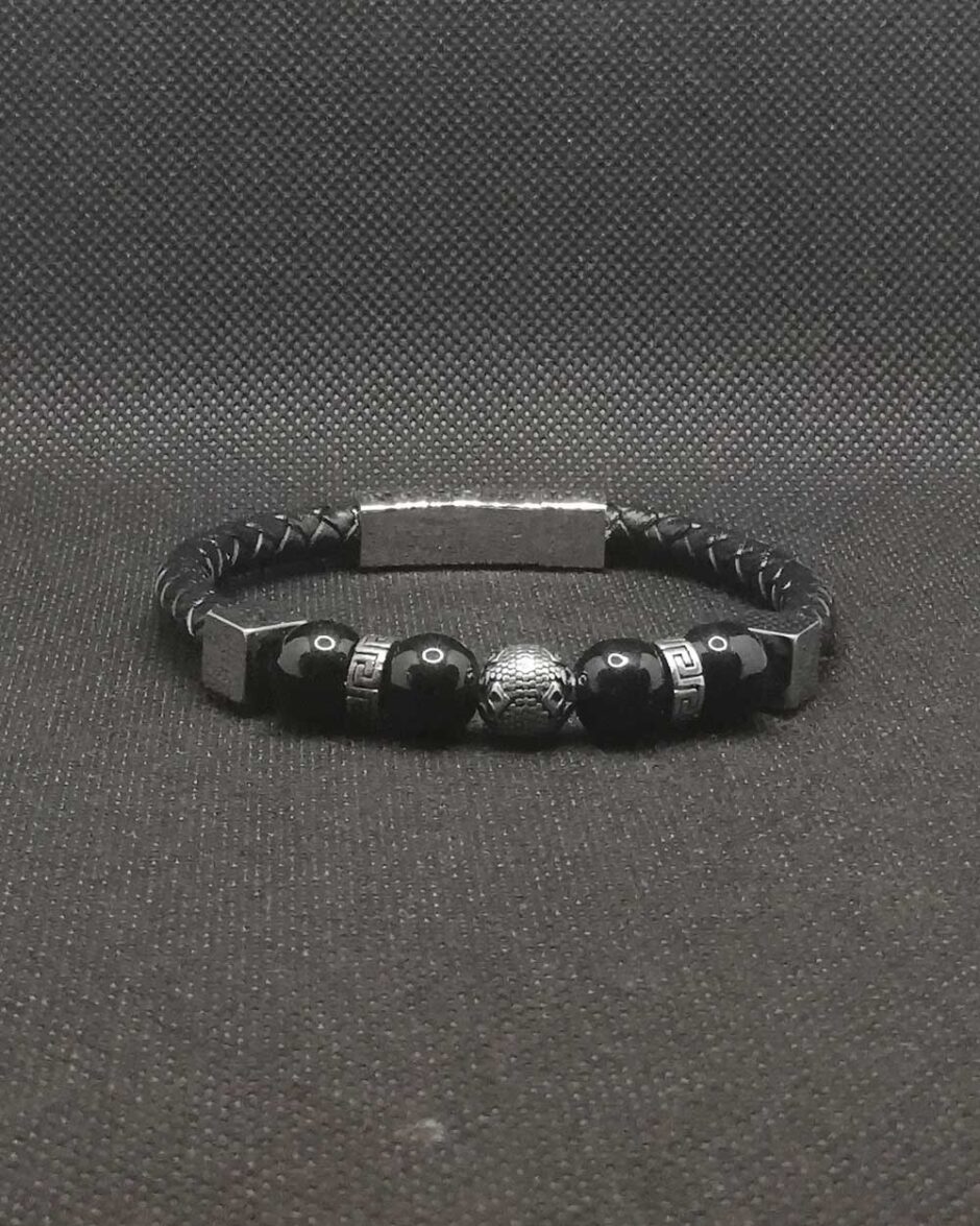 Pulseira de Couro trançado com contas de Obsidiana e Aço
