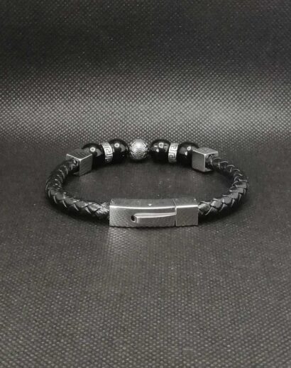 Pulseira de Couro trançado com contas de Obsidiana e Aço