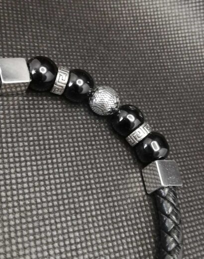 Pulseira de Couro trançado com contas de Obsidiana e Aço