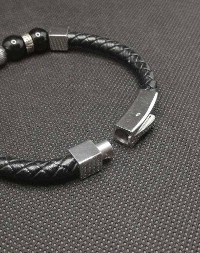 Pulseira de Couro trançado com contas de Obsidiana e Aço